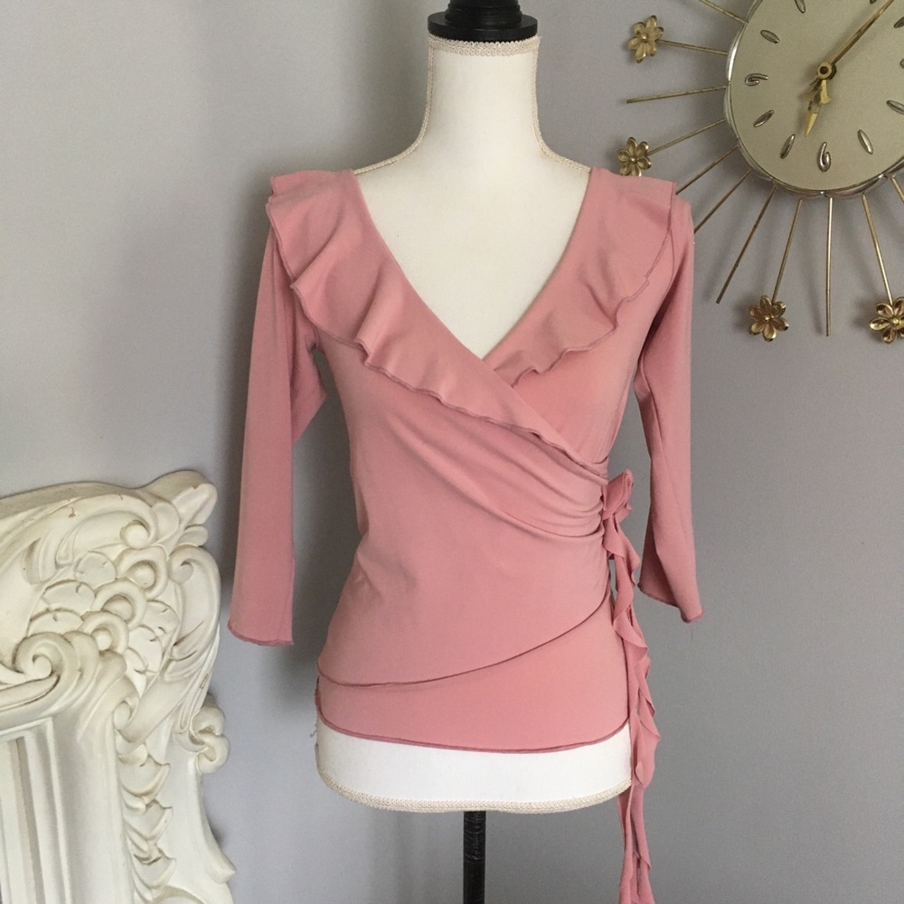 Vintage 90s Y2K Moa Moa Dusty Pink 3/4 Sleeve Ruffle Top M